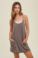 WASHED COTTON MINI DRESS WITH POCKETS - Charcoal