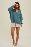 Oversized V-Neck Ribbed Sweater- Teal Green