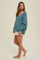 Oversized V-Neck Ribbed Sweater- Teal Green