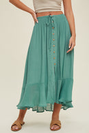 BUTTON-UP MIDI SKIRT WITH DRAWSTRING-Pistachio