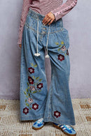 Wide-Leg  Relaxed Boho Floral Embroidered Pants