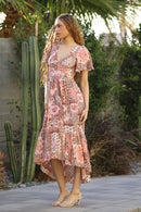 Neck Twist Front Short Sleeve Dress Pink Paisley