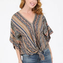 Printed Short Sleeve Top With Tie Front