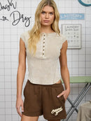 Washed Exposed Seam Henley Ribbed Knit Top- Mocha