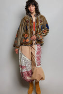 Vine Motifs Embroidered Long Sleeve Contrast Velvet Jacket- Olive