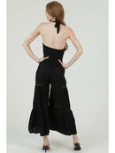 V Neck Halter Acid Wash Jumpsuit with Lace Insets