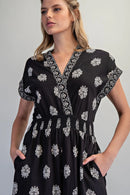 Printed V-Neck Jumpsuit- Black