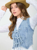 Floral Washed Denim Front Tie Vest