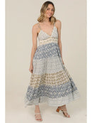 V Neck Mix Print Lace Trim Maxi Dress
