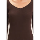 Ribbed V-Neck Long Sleeve Dress- Dark Brown