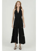 V Neck Halter Acid Wash Jumpsuit with Lace Insets