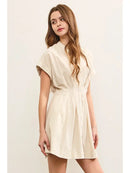 Stand Up Collar Pleated Waist Flare Dress