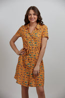 Dinosaur Print Collared Neck Dress - Mustard