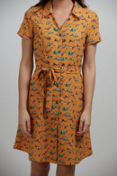 Dinosaur Print Collared Neck Dress - Mustard