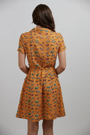 Dinosaur Print Collared Neck Dress - Mustard