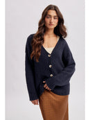 Soft Textured Button Front Sweater Cardigan - Navy