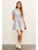 Stand Up Collar Pleated Waist Flare Denim Dress- Denim