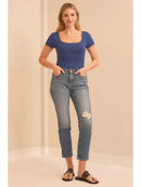 Square Neck Short Sleeve Bodysuit- Navy Blue