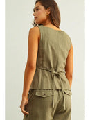 Square Neck Sleeveless Vest with Button Front- Olive