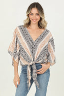 Printed Short Sleeve Top With Tie Front