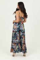 V Neck Open Tie Back Wide Leg with Lace Inset Jumpsuit