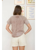 Washed Scoop Neck Raw Edge Short Sleeve Knit Top