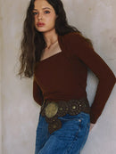 Long Sleeve Square Neck Top- Brown