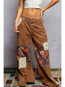 Printed Contrast and Stud Denim Straight Woven Pants