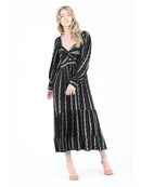 V Neck Twist Front Long Sleeve Maxi Dress - Black