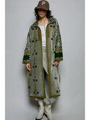 Side Slits Longline Embroidered Velvet Duster Jacket -Olive