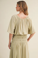 Shirred Waistband Voluminous Sleeve Blouse