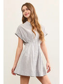 Stand Up Collar Pleated Waist Flare Denim Dress- Denim