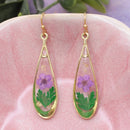 Purple Flower Gold Teardrop Dried Flower Earrings
