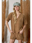 Split Neck Short Sleeve Terry Knit Top- Mocha