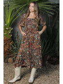 Cactus Print Smocked Bodice Puff Sleeve Midi Dress