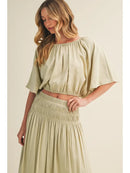 Shirred Waistband Voluminous Sleeve Blouse