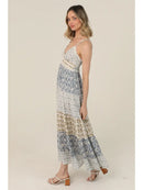 V Neck Mix Print Lace Trim Maxi Dress