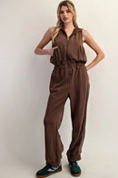 Zipper Front Sleeveless Jumpsuit- Walnut
