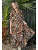 Cactus Print Smocked Bodice Puff Sleeve Midi Dress