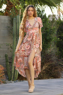 Neck Twist Front Short Sleeve Dress Pink Paisley