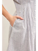 Stand Up Collar Pleated Waist Flare Denim Dress- Denim