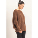 Chenille Boat Neck Dolman Sleeve Sweater- Brown