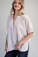 Striped Split Neck Dolman Sleeve Blouse- Rosewood