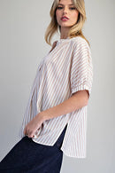 Striped Split Neck Dolman Sleeve Blouse- Rosewood