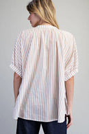 Striped Split Neck Dolman Sleeve Blouse- Rosewood