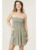 Smocked Bodice Acid Wash Slouchy Pockets Tube Dress