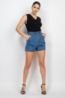 Two-Button Paperbag Denim Shorts- Medium Denim
