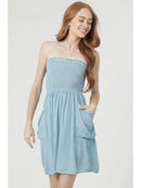 Smocked Bodice Acid Wash Slouchy Pockets Tube Dress