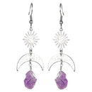 Sun and Moon Earring with Rough Stones and Silver Finish- Amethyst