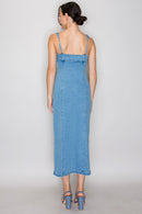 Button Front Strappy Denim Midi Dress- Medium Denim